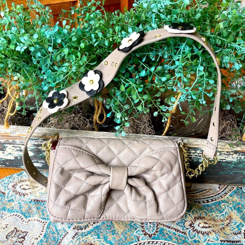 Betsey Johnson Quilted Bow Shoulder Bag Floral Strap Taupe NWOT